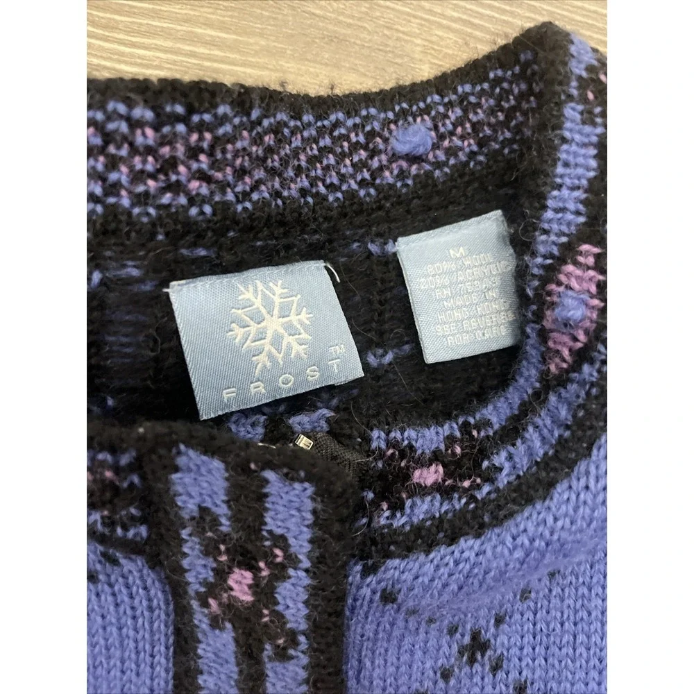 FROST WOMENS FULL ZIP SWEATER 100%‎ WOOL SNOW FLAKE PURPLE SIZE M